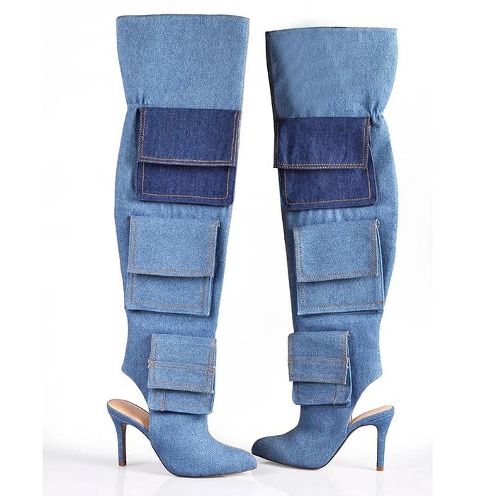 Denim Colorblock Thigh High Cargo Pocket Over-the-Knee Cowgirl Pointed Toe Boots