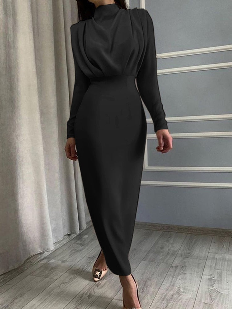 Stand Collar Long Sleeved Office Formal Dress