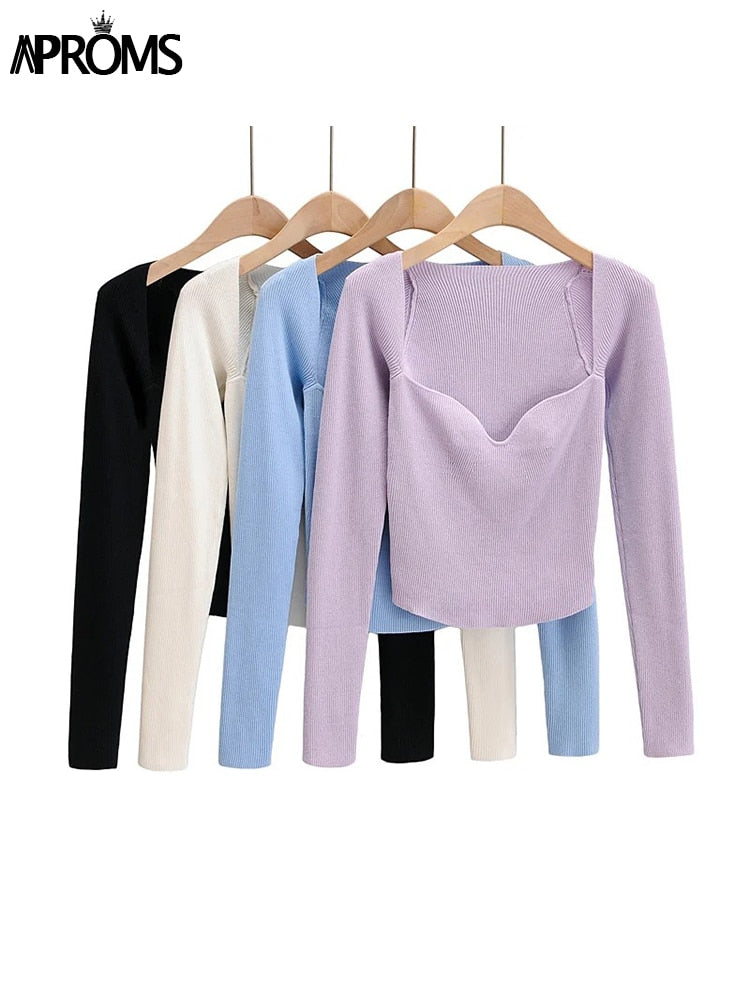 Square Neck Ribbed Knitted Long Sleeve Top