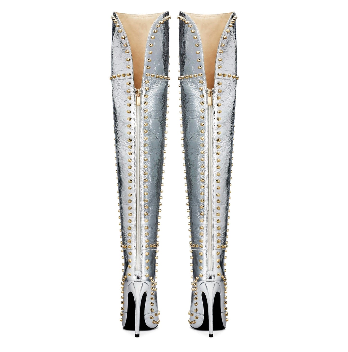 Metallic Rivet Over-the-Knee Thin High Heel Pointed Toe Boots