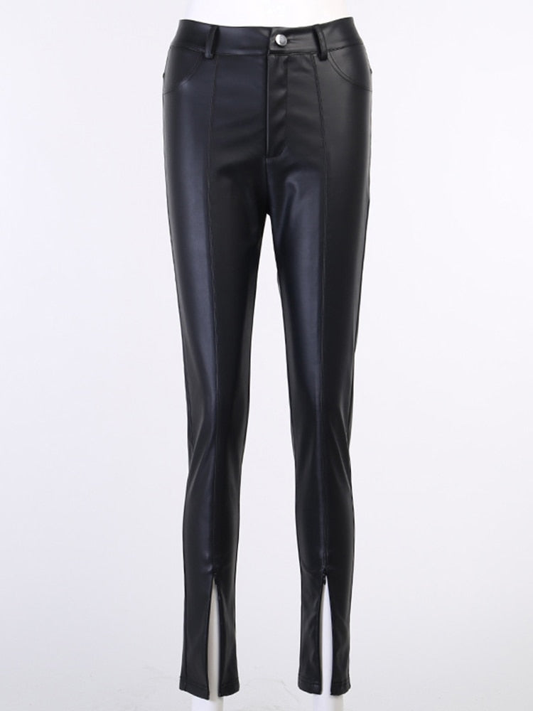 Faux Leather Ladies Slit Ankle Skinny Pants