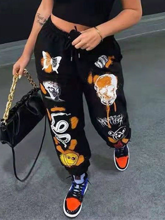 Butterfly Skull Snake Cartoon Print Drawstring Women's Cargo Sweatpants