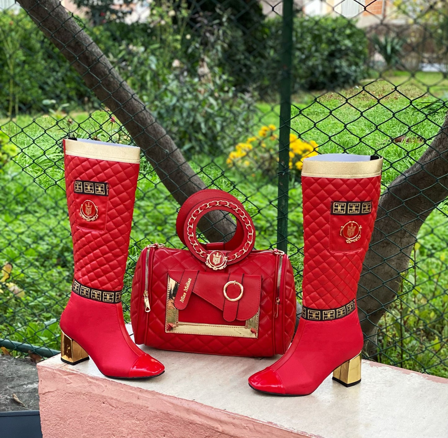 Fire Red Knee High Boots & Purse Set