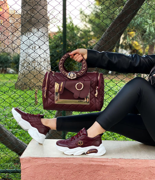 Burgundy/Gold Women's Sneakers Shoes & Purse Set