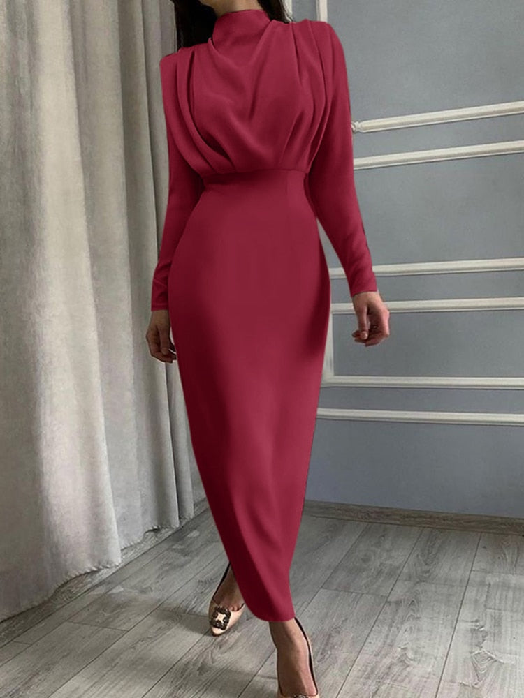 Stand Collar Long Sleeved Office Formal Dress