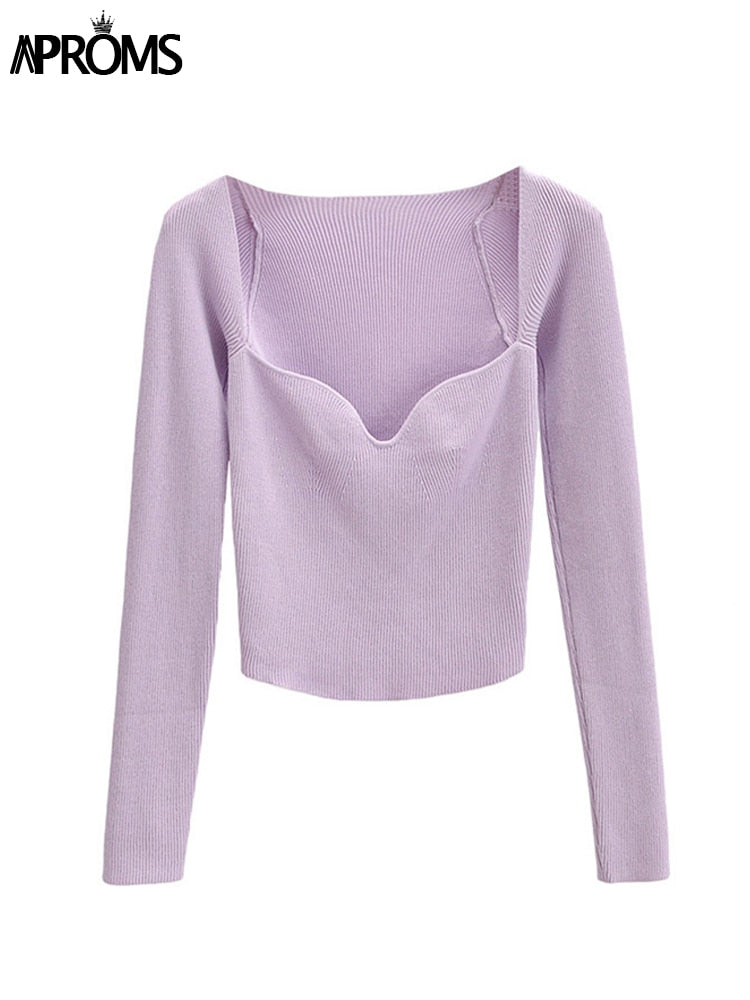 Square Neck Ribbed Knitted Long Sleeve Top