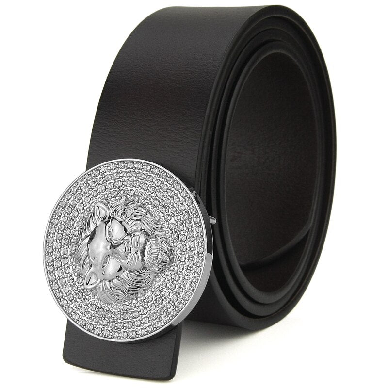 Men's Metal Lion Buckle Real Cowhide Leather Belt