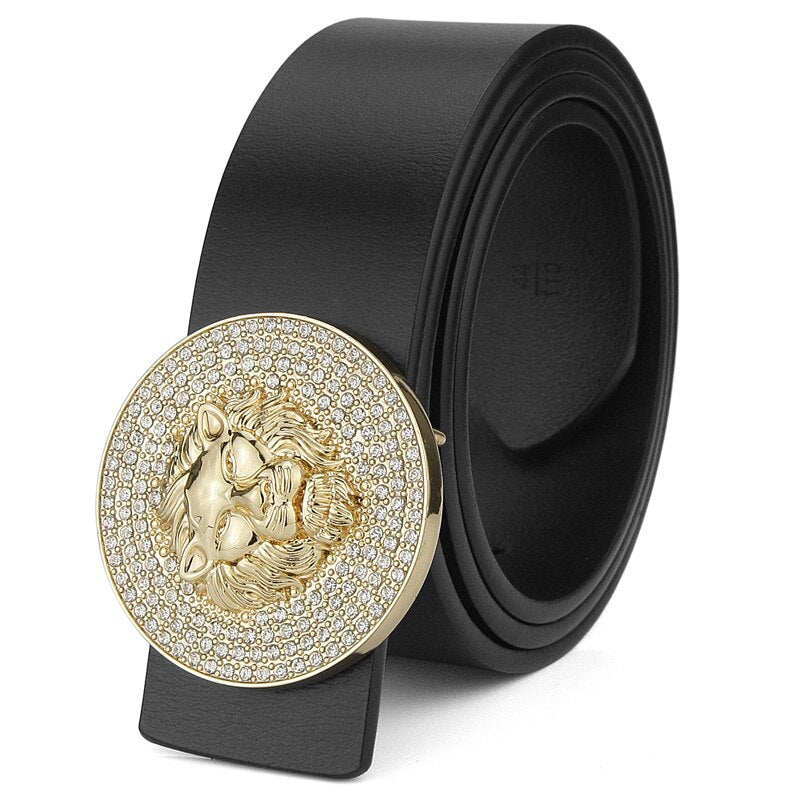 Men's Metal Lion Buckle Real Cowhide Leather Belt