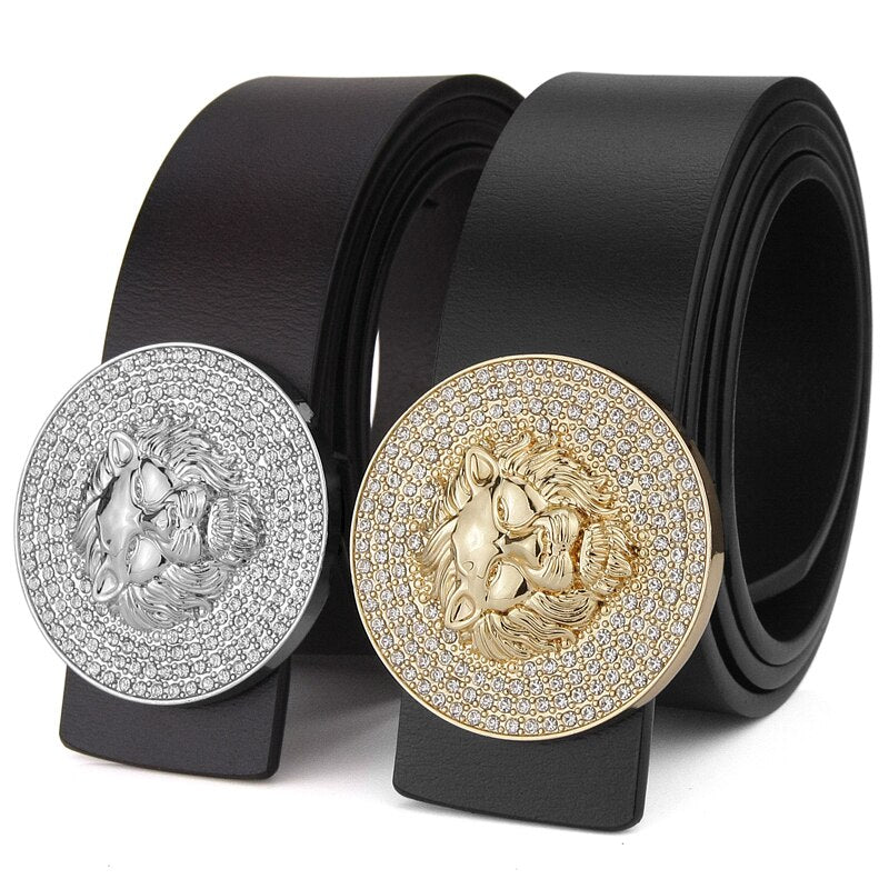 Men's Metal Lion Buckle Real Cowhide Leather Belt