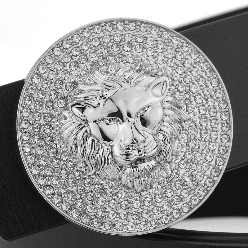 Men's Metal Lion Buckle Real Cowhide Leather Belt