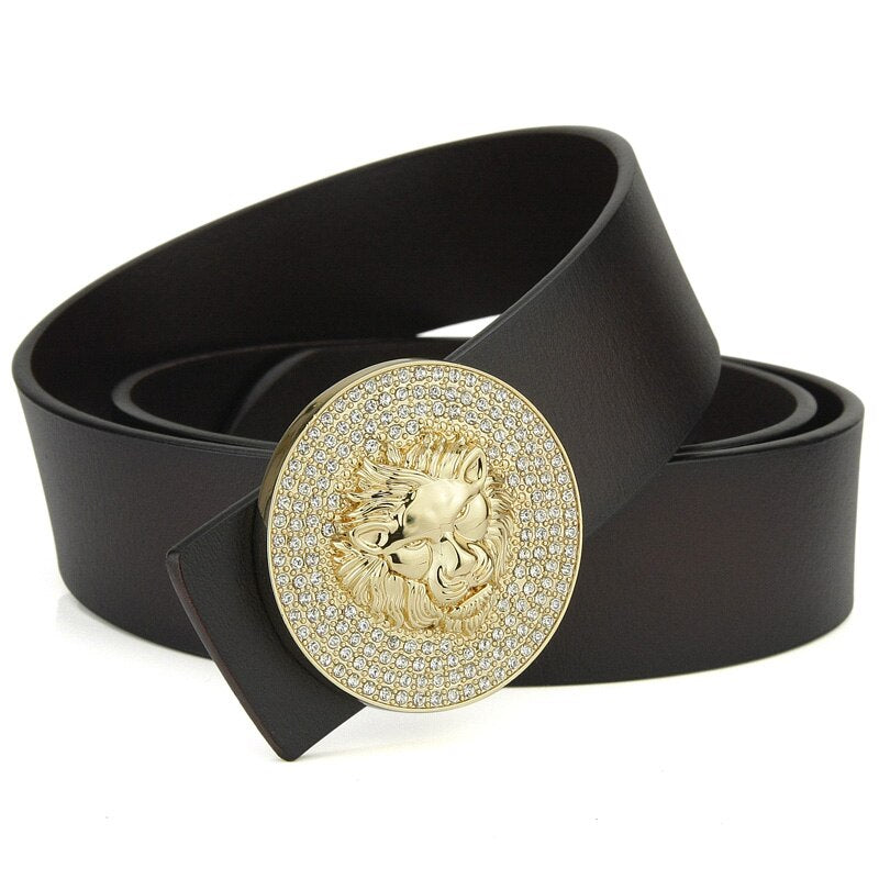 Men's Metal Lion Buckle Real Cowhide Leather Belt