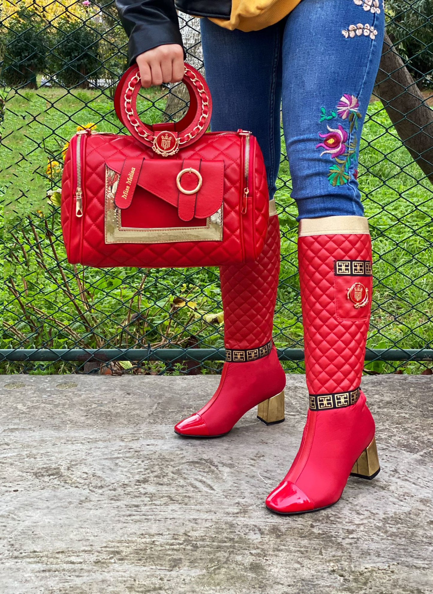 Fire Red Knee High Boots & Purse Set