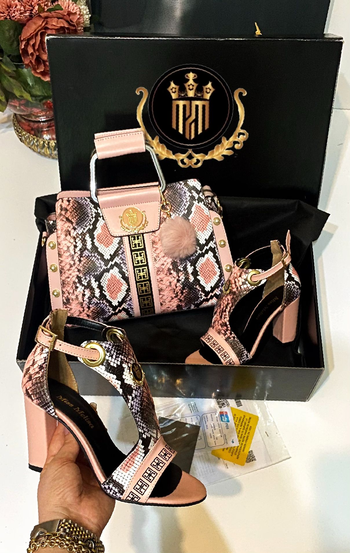 Miss Melisa Shoe & Bag Turkey Snake Pattern Sandals Heels-Pink/Black Snakeskin Print