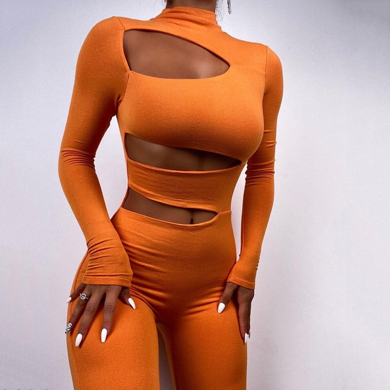 Solid Turtleneck Hollow-Out Long Sleeve Bodycon Skin Tight Jumpsuit