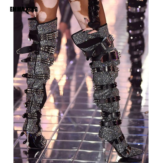 Crystal Over-the-Knee Thigh High Buckle Strap Rivet Gladiator Boots