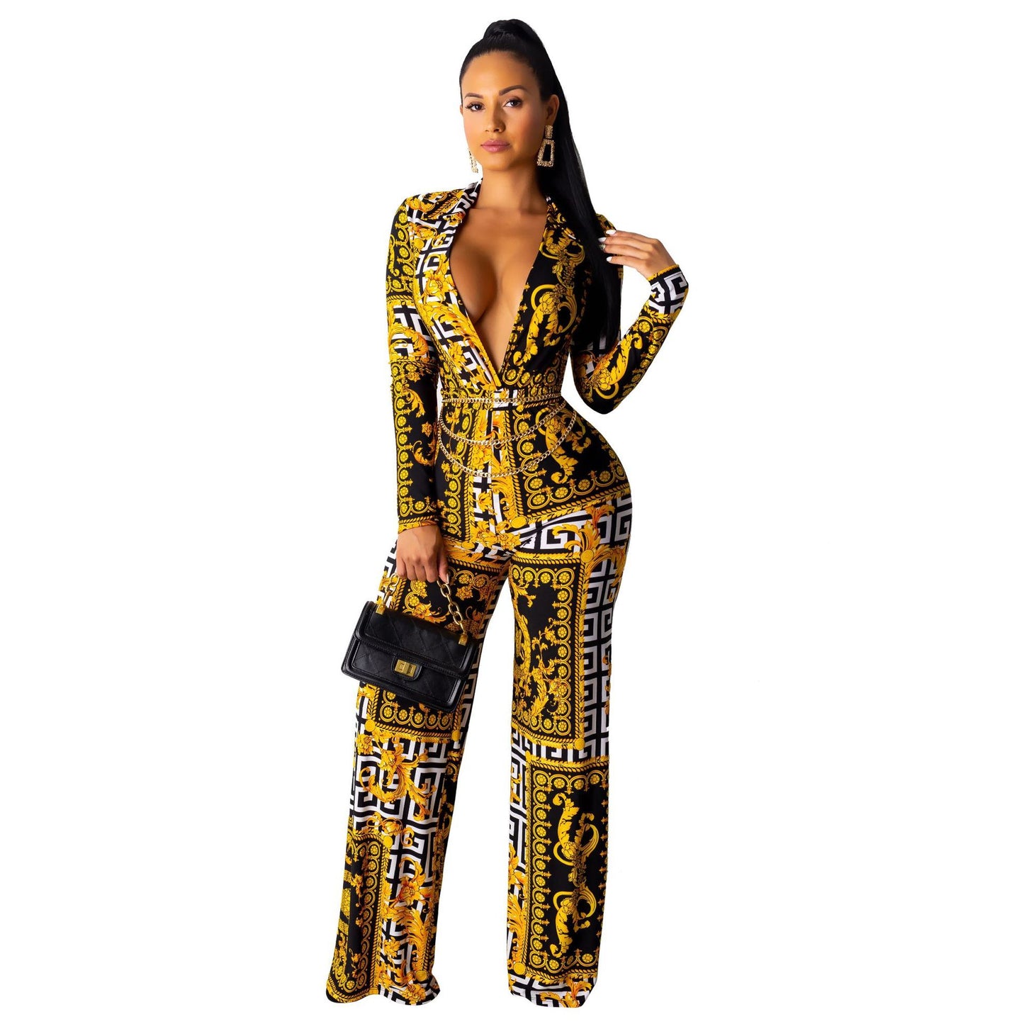 Designer Baroque Print Long Sleeved Deep V-Neck Jumpsuit