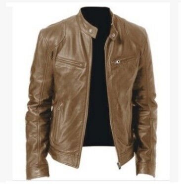 Men's Solid Color PU Leather Stand Collar Slim Zipper Leather Jacket