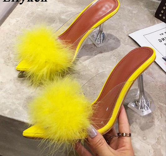 Furry Peep Toe Spiked Stiletto Heel PVC Transparent Crystal Sandal Pumps