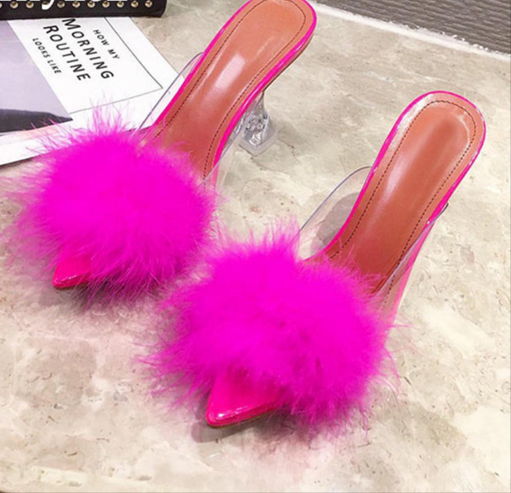 Furry Peep Toe Spiked Stiletto Heel PVC Transparent Crystal Sandal Pumps