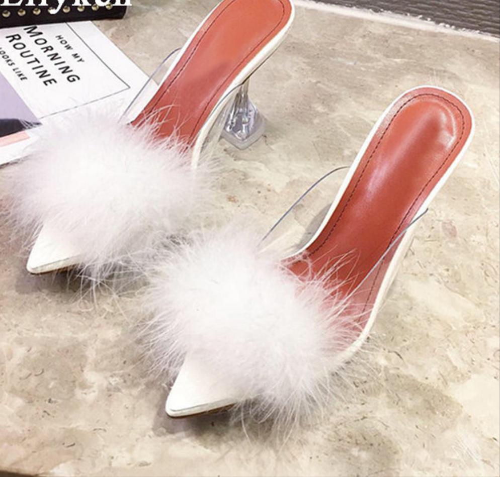 Furry Peep Toe Spiked Stiletto Heel PVC Transparent Crystal Sandal Pumps