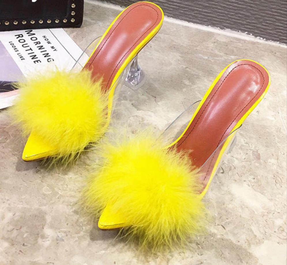 Furry Peep Toe Spiked Stiletto Heel PVC Transparent Crystal Sandal Pumps