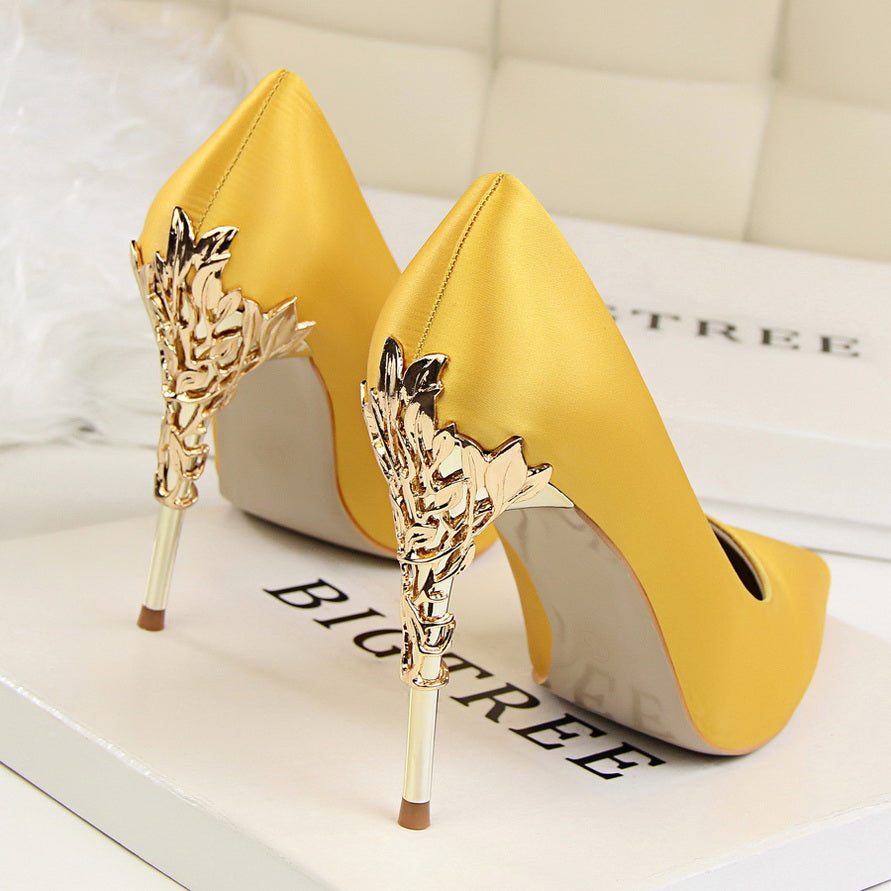 Metal Carved Thin Stiletto High Heel Pointed Toe Pumps