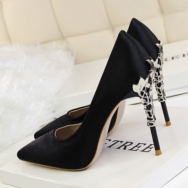 Metal Carved Thin Stiletto High Heel Pointed Toe Pumps