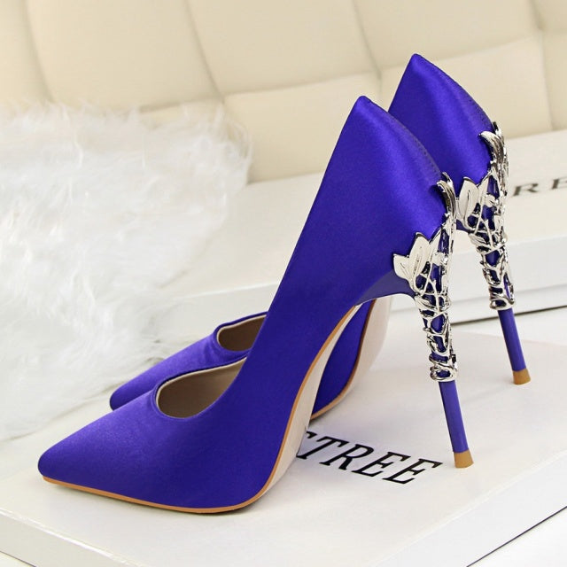 Metal Carved Thin Stiletto High Heel Pointed Toe Pumps