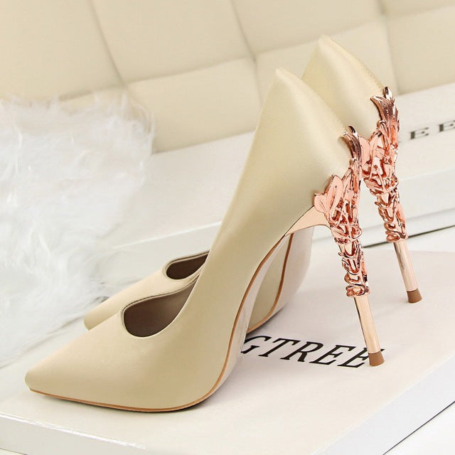 Metal Carved Thin Stiletto High Heel Pointed Toe Pumps