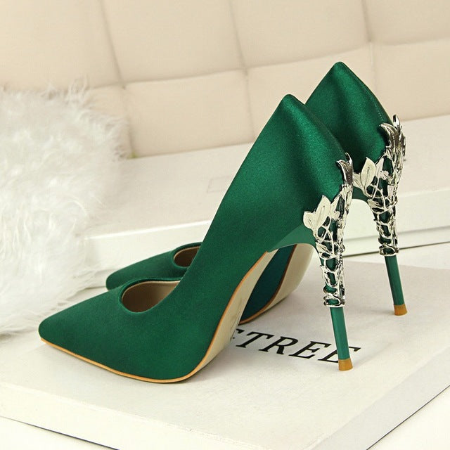 Metal Carved Thin Stiletto High Heel Pointed Toe Pumps