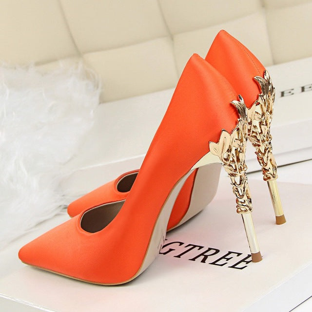 Metal Carved Thin Stiletto High Heel Pointed Toe Pumps