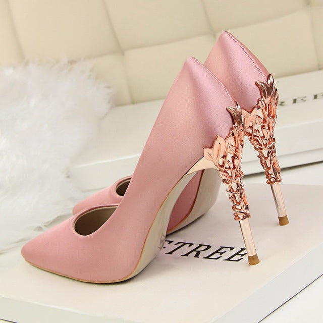 Metal Carved Thin Stiletto High Heel Pointed Toe Pumps