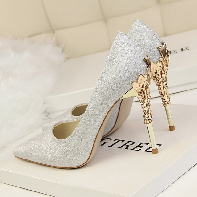 Metal Carved Thin Stiletto High Heel Pointed Toe Pumps