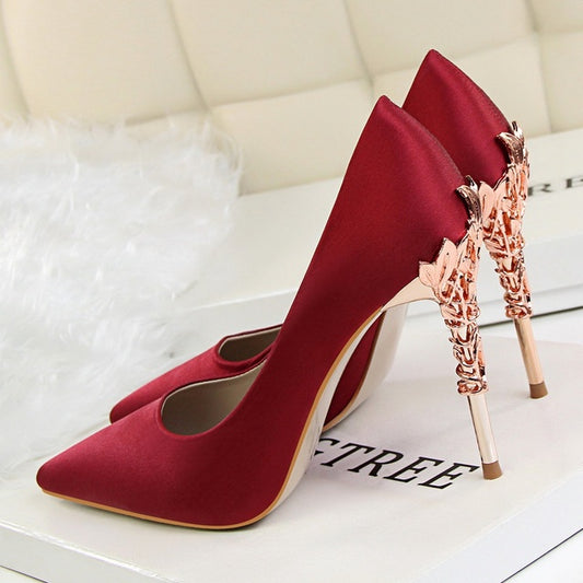 Metal Carved Thin Stiletto High Heel Pointed Toe Pumps