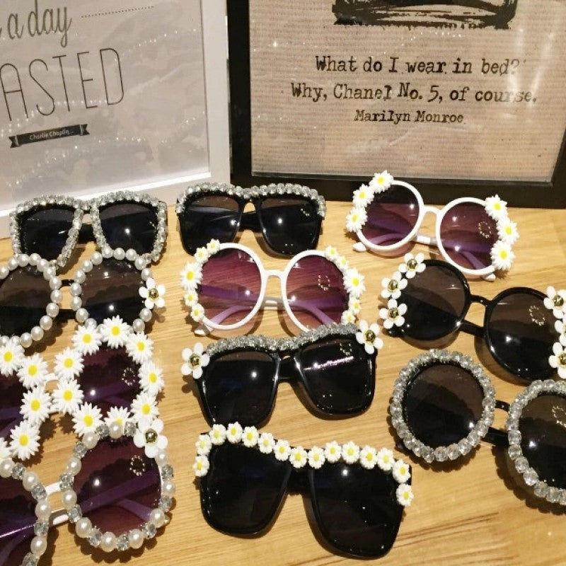 Embellished Round Crystal Diamond Pearl Handmade UV400 Mirror Lens Flower Sunglasses