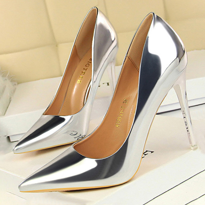 Metallic Pointed Toe Solid Color Patent Leather High Heel Stiletto Pumps