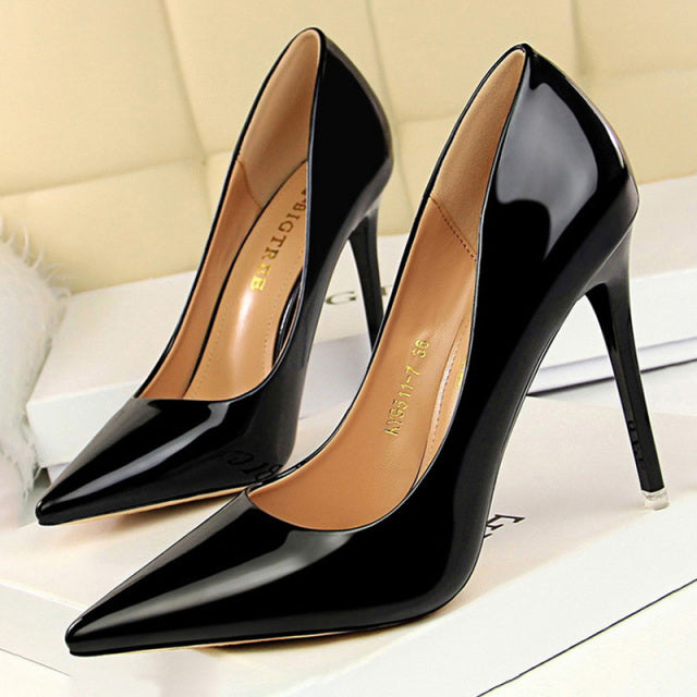 Metallic Pointed Toe Solid Color Patent Leather High Heel Stiletto Pumps