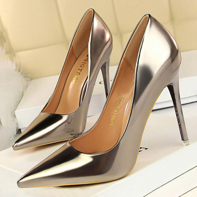 Metallic Pointed Toe Solid Color Patent Leather High Heel Stiletto Pumps