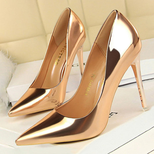 Metallic Pointed Toe Solid Color Patent Leather High Heel Stiletto Pumps