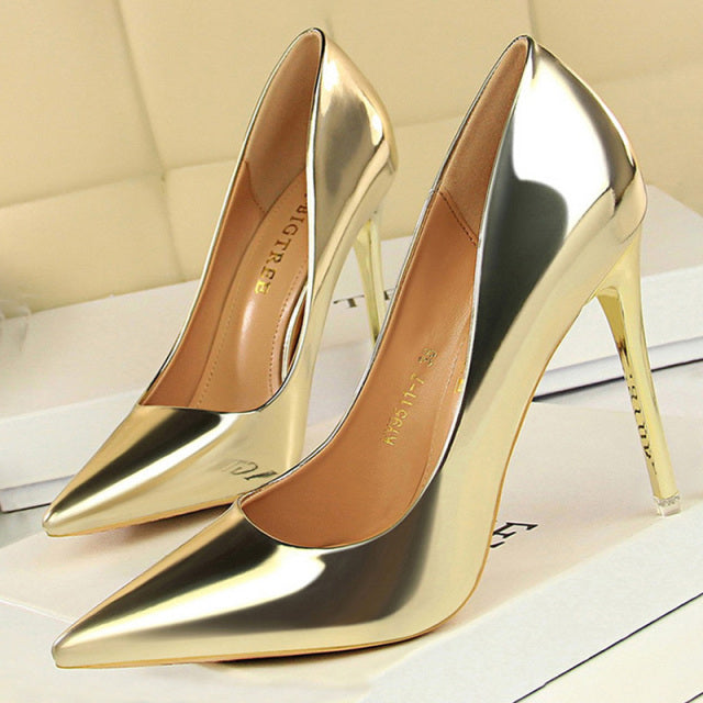 Metallic Pointed Toe Solid Color Patent Leather High Heel Stiletto Pumps