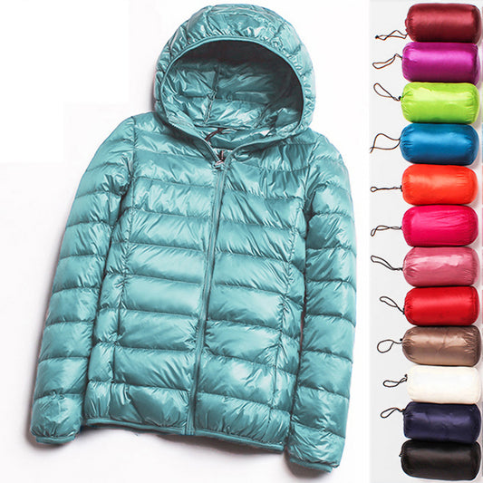 Solid Color Ribbed Hooded Women's Light Puffer Duck Down Jacket to 4X