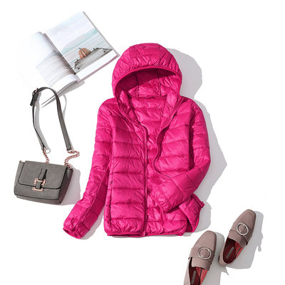 Solid Color Ribbed Hooded Women's Light Puffer Duck Down Jacket to 4X