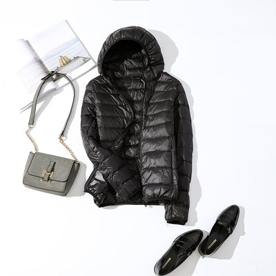 Solid Color Ribbed Hooded Women's Light Puffer Duck Down Jacket to 4X