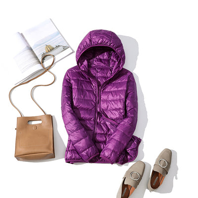 Solid Color Ribbed Hooded Women's Light Puffer Duck Down Jacket to 4X