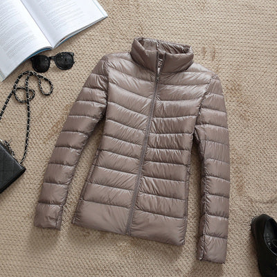 Solid Color Ribbed Hooded Women's Light Puffer Duck Down Jacket to 4X