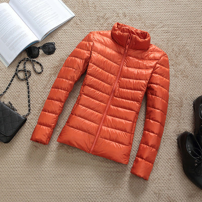 Solid Color Ribbed Hooded Women's Light Puffer Duck Down Jacket to 4X