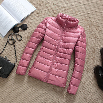 Solid Color Ribbed Hooded Women's Light Puffer Duck Down Jacket to 4X