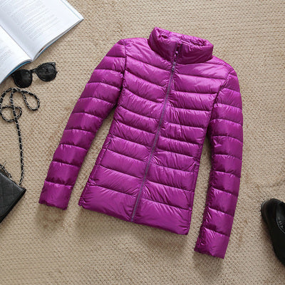 Solid Color Ribbed Hooded Women's Light Puffer Duck Down Jacket to 4X