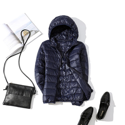 Solid Color Ribbed Hooded Women's Light Puffer Duck Down Jacket to 4X