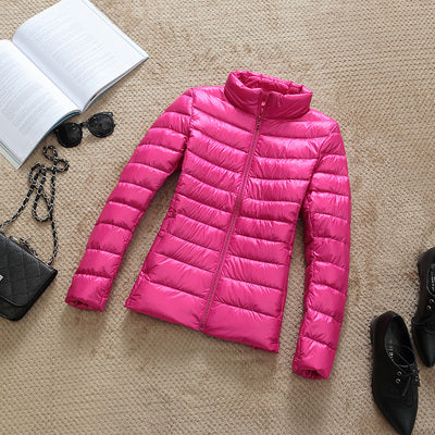 Solid Color Ribbed Hooded Women's Light Puffer Duck Down Jacket to 4X